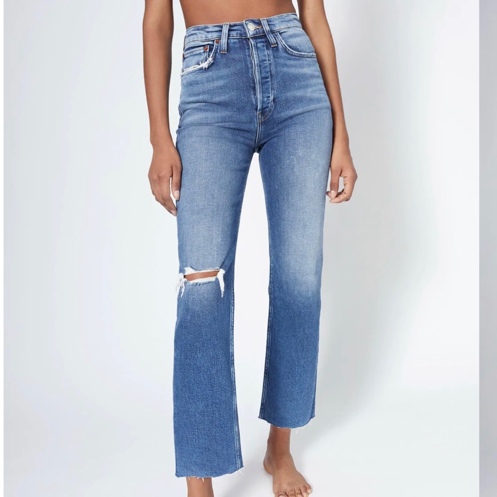 Re/ Done High rise stove pipe straight leg jeans frayed bottom